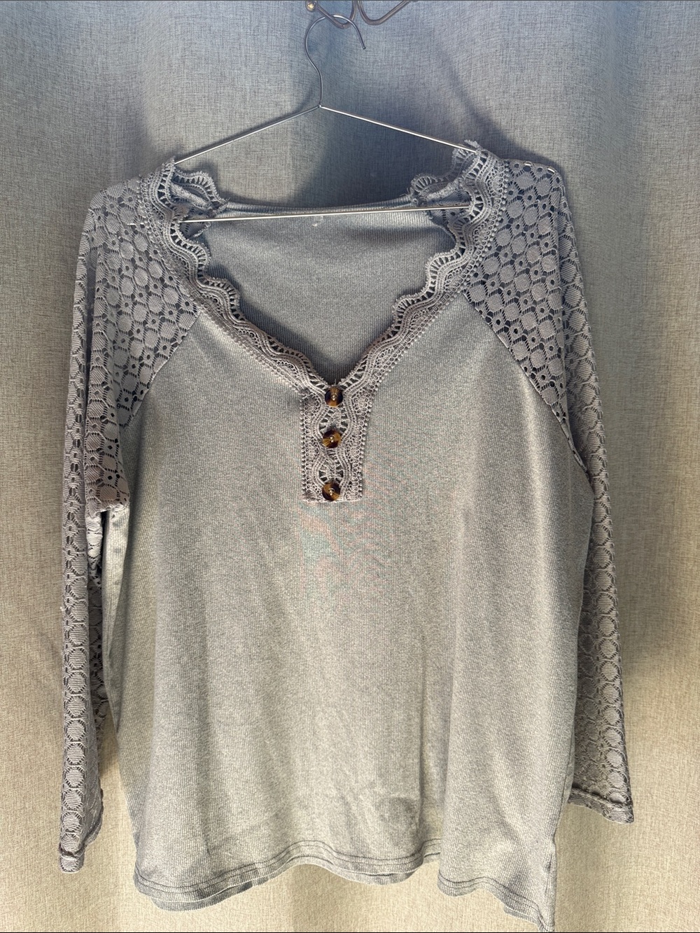 Gray Lace-Accent Henley Long Sleeve Top